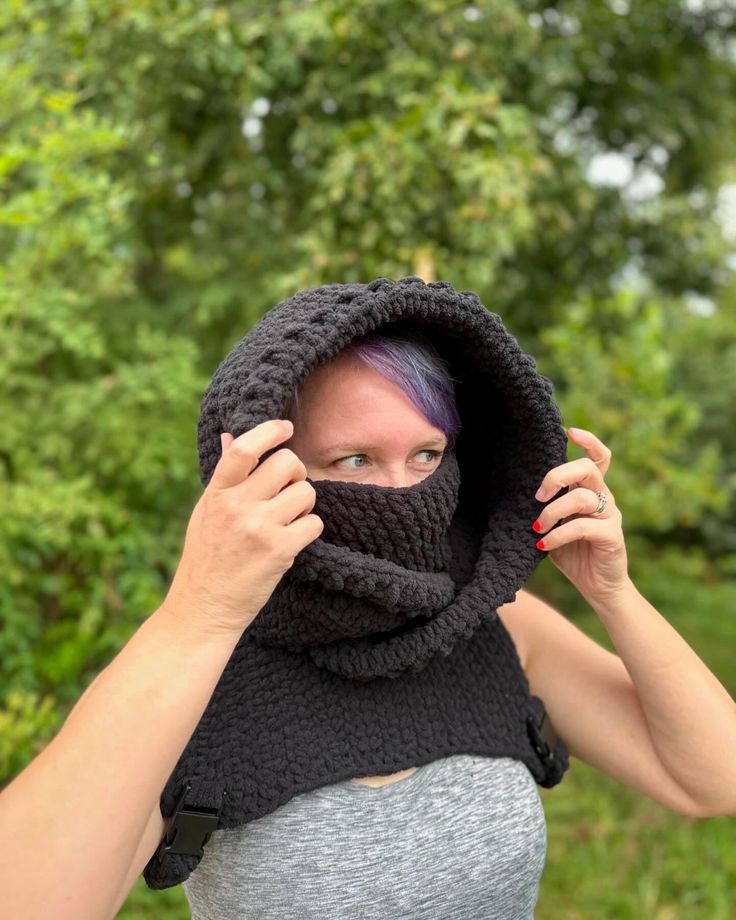 This crochet hood will keep you so warm during those cold winter months. So soft and squishy! Wear under your coat or coveralls to keep your neck and head warm. It comes with straps under the arms that buckle in the front to keep everything in place. Very versatile piece! Comes in black, neutral multicolored, and pink multicolored. Pattern cred: thecreatrixinthematrixx Hooded Crochet Outerwear For Winter, Winter Hooded Balaclava One Size Fits Most, Warm Balaclava For Fall Outdoor Activities, Fall Full Face Balaclava For Cold Weather, Full Face Balaclava For Cold Weather Fall, One Size Hooded Balaclava For Outdoor, Hooded Balaclava For Cold Weather, Black Crochet Outerwear For Winter, Warm One-size Balaclava For Fall