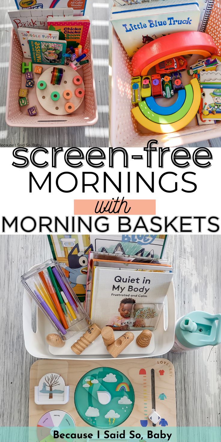 morning baskets for toddlers Toddler Morning Basket, Routine For Toddlers, Morning Baskets, Uppfostra Barn, No Tv, Morning Basket, Homeschool Preschool Activities, Easy Toddler Activities, Baby Play Activities