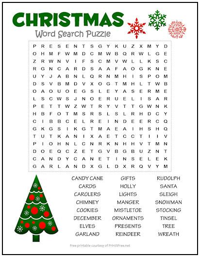 a christmas word search with a tree and snowflakes