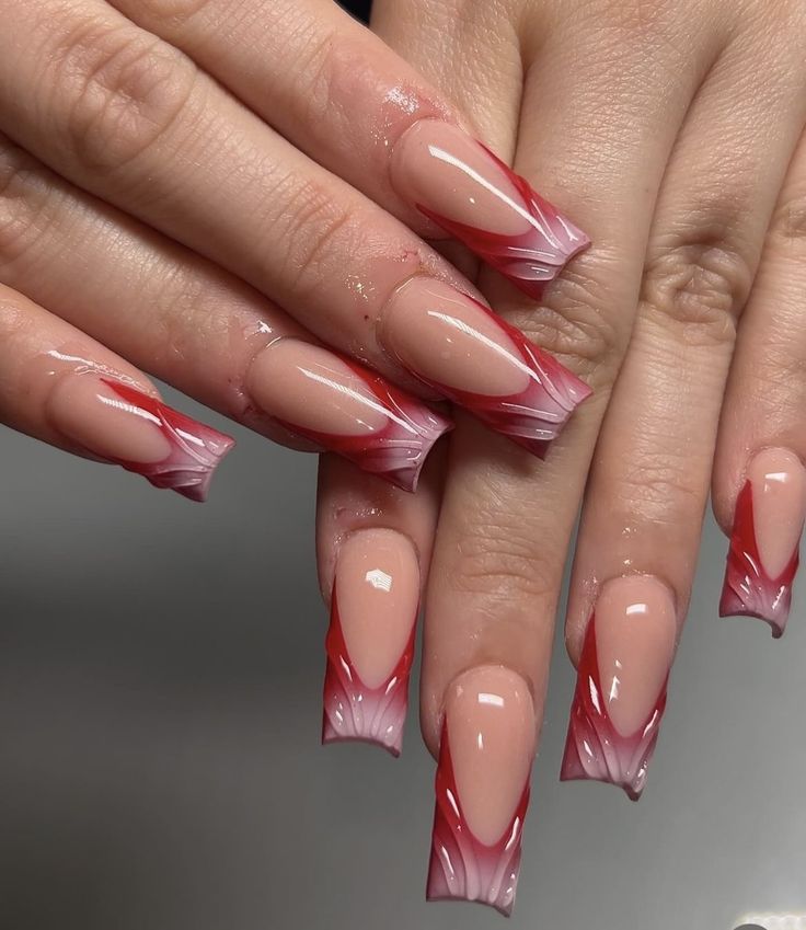 Red And Pink Aura Nails, Red And Pink French Tip, Red Ombré Nails, French Tip Nails Red, French Tip Nails Ombre, Pink French Tip Nails, Nails Aura, Red Ombre Nails, Pink French Tip