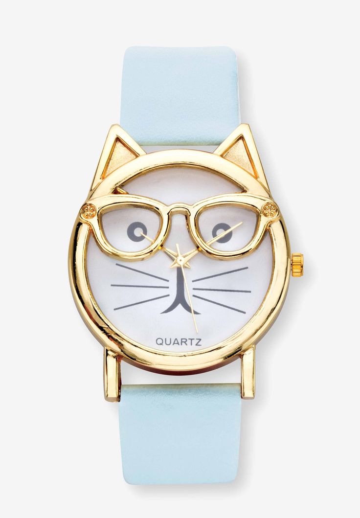 Featuring a crystal encrusted bow tie and wire rim glasses, this cat-face watch is a cute accessory that shows your love for all felines or a special one close to your heart. The strap is blue faux patent leather with a buckle clasp. Includes gift box and drawstring pouch.  Gold ToneJapanese electronic movementCrystal accents Faux patent leather strap, 8"Includes gift box and drawstring pouchImported  | Women's Gold Tone Bowtie Cat Watch with Adjustable Light Blue Strap, 8" by PalmBeach Jewelry Wire Rim Glasses, Wire Rimmed Glasses, Cat Watch, Cat Bow Tie, Special One, Adjustable Lighting, Drawstring Pouch, Cat Face, Accessories Shop