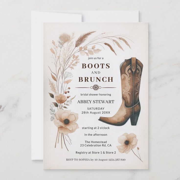 boots and brunch birthday party card with flowers on the front, featuring an illustration of a cowboy boot