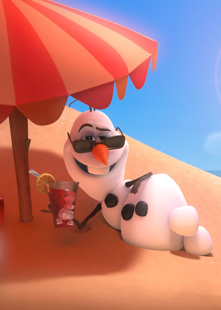 a cartoon snowman sitting under an umbrella on the beach next to a cocktail cup