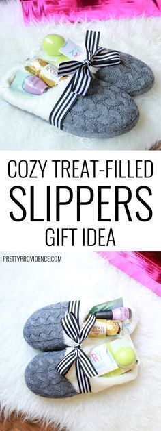 two slippers with bows on them and text that reads cozy treat - filled slippers gift