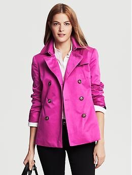 I want this Pink Short Trench from BR Classic Pink Outerwear For Office, Pink Fitted Outerwear For Business Casual, Classic Pink Outerwear With Double-breasted Button, Classic Pink Double-breasted Outerwear, Classic Pink Outerwear With Double Button Closure, Pink Lapel Collar Outerwear With Hidden Buttons, Tailored Pink Outerwear For Business Casual, Chic Spring Outerwear With Spread Collar, Chic Spread Collar Outerwear For Spring