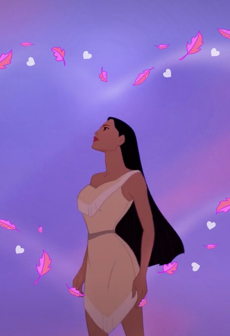 the princess from disney's pocahon is standing in front of pink butterflies