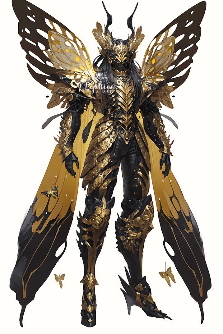 a gold and black costume with wings on it