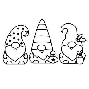 three cartoon gnomes with presents in their hands