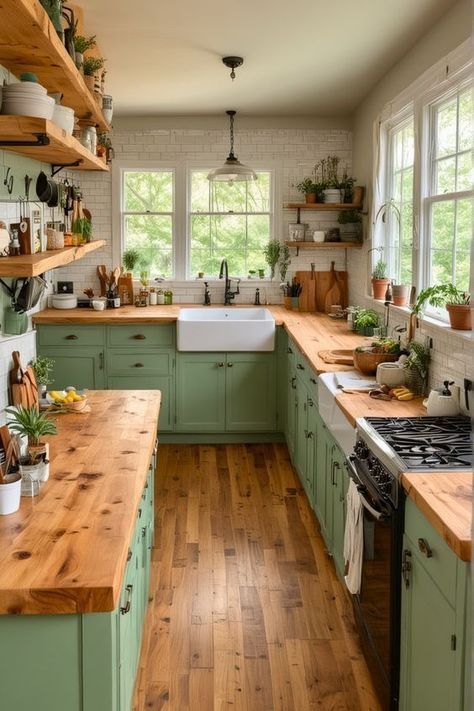 a kitchen filled with lots of green cabinets and wooden counter tops next to a stove top oven