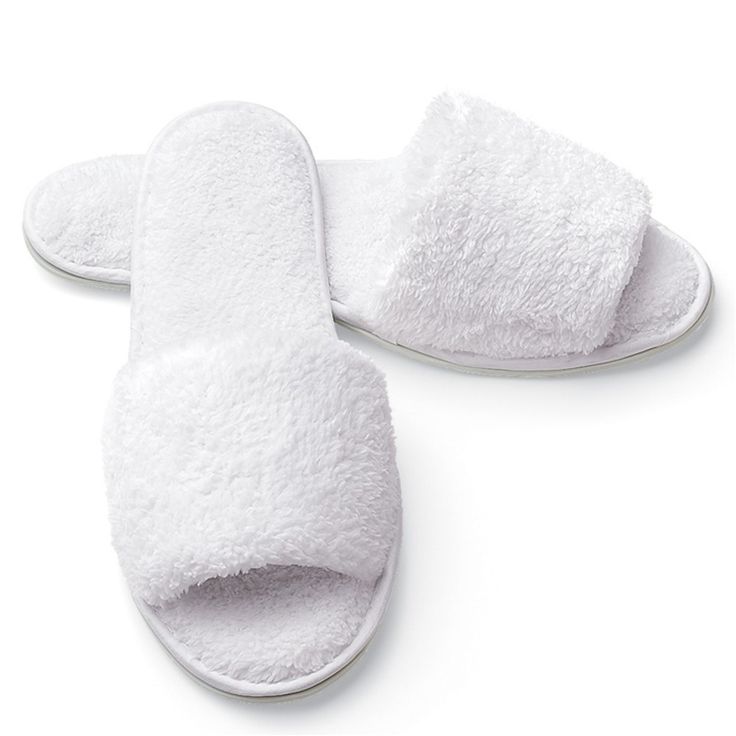 Slippers - Open Toe - Terry / Woman's / White Spa slippers are ideal for keeping your feet warm and dry while navigating the bathroom or the rest of the house. The special non-skid soles were perfected by years of spa experience. Every time you nestle your feet into the cushy foam lining you'll feel the difference. Convenience meets Luxury... These semi-reusable slippers give you the convenience of disposable slippers, but allows your business to experience the luxury of plush, new slippers for Luxury White Slip-on Slippers, Cheap White Cushioned Slippers, Slippers White, Spa Prices, Spa Slippers, Terry Robe, Open Toe Slippers, Toes Designs, Spa Experience