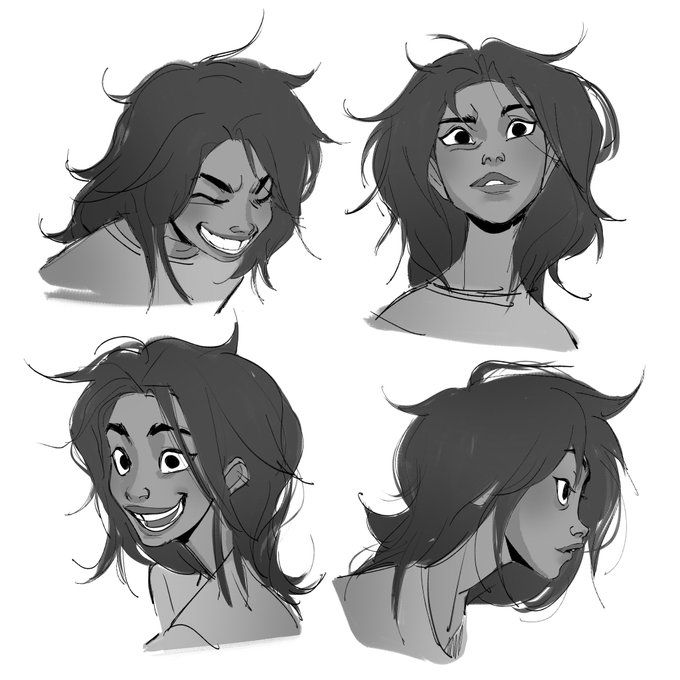 four different angles of a woman's head with hair blowing in the wind and smiling