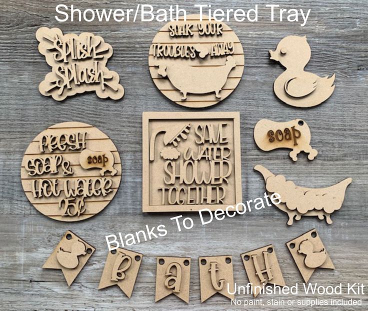 some wooden cutouts and decorations for a bath themed baby's shower or birthday party