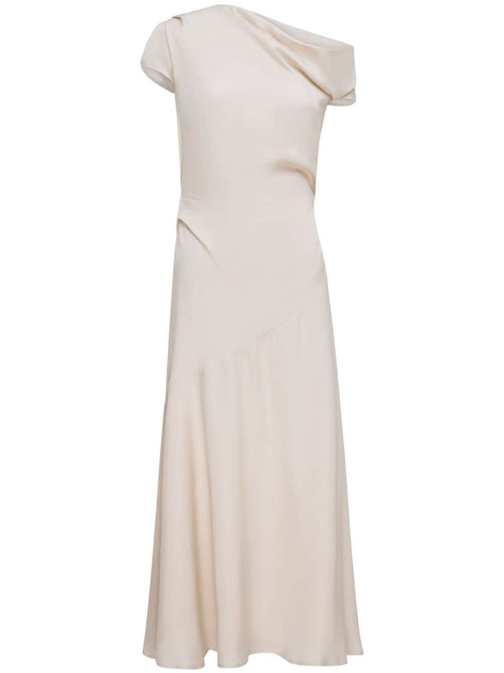 light beige crepe texture asymmetric neck one-shoulder draped detailing cap sleeves flared hem mid-length concealed rear zip fastening Crepe Midi Dress, Rachel Gilbert, Dress Luxury, The Rachel, Wedding Guest Looks, Fantasy Gowns, Wardrobe Edit, Yoko London, City Dress