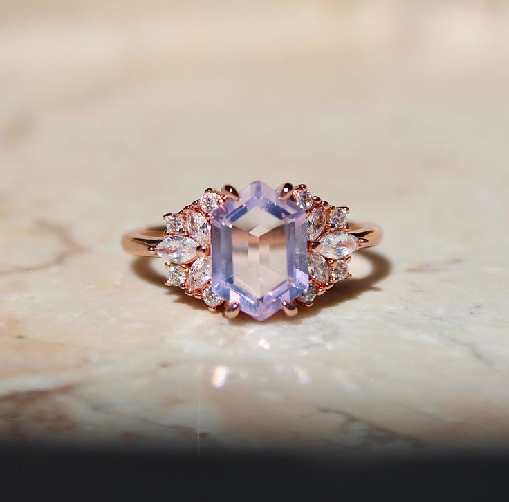 Vivian Grace Jewelry Ring 5 Lavender Quartz Hexagon Floral Ring Lavender Jewellery, Cozy Ideas, Gold Moonstone Ring, Paper Rings, Ring Inspiration, Lavender Quartz, Crystal Power, Paper Ring, Stacked Earrings