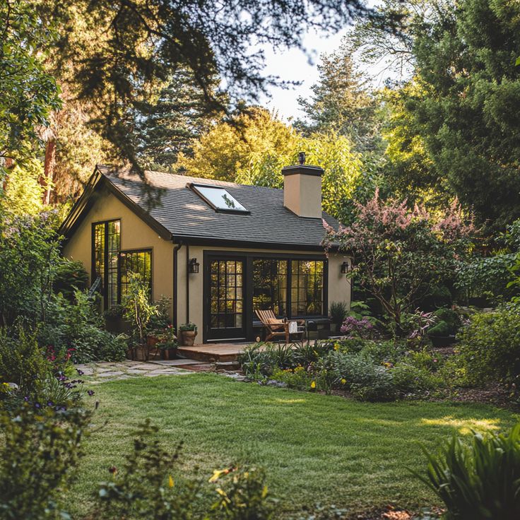 a small house surrounded by lush green trees