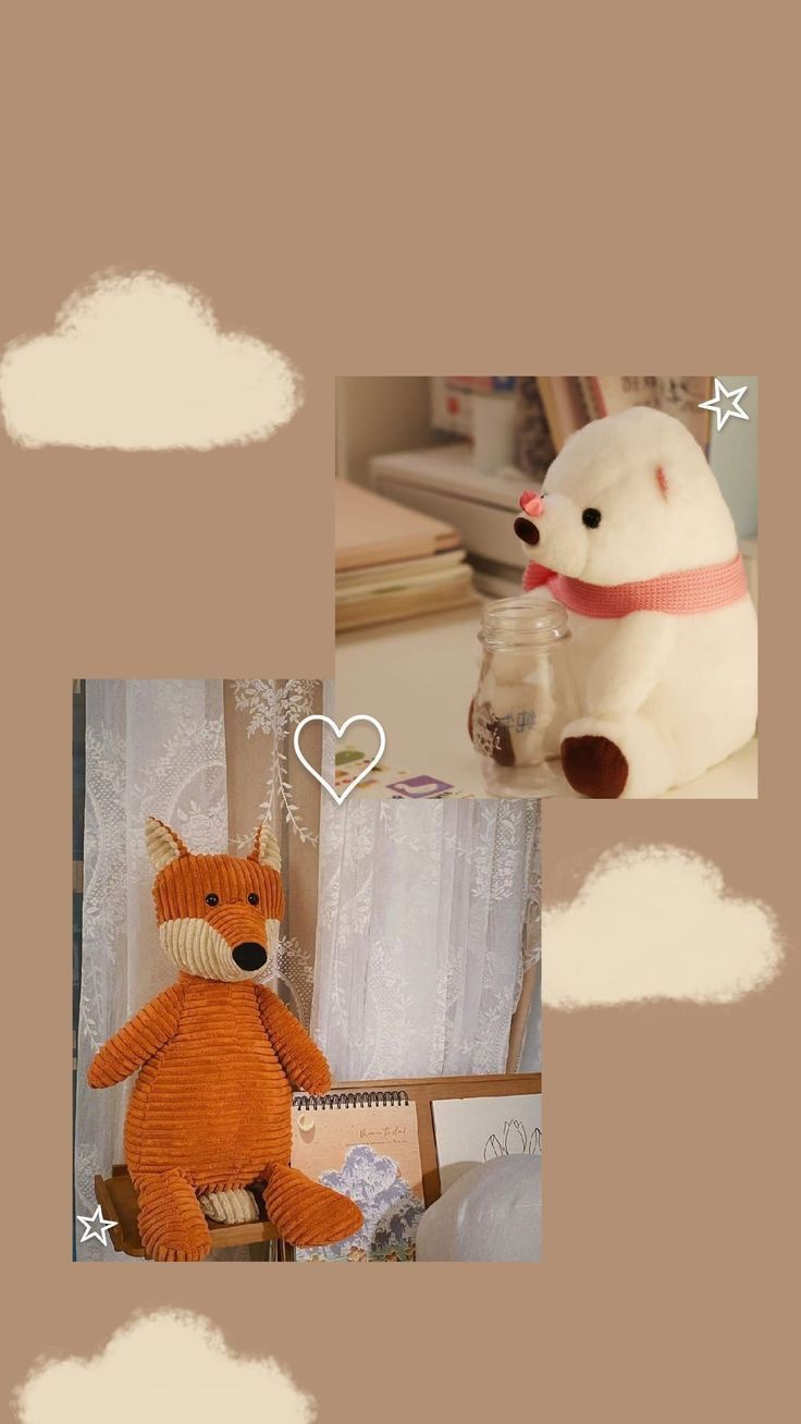 there are two pictures of stuffed animals and one has a teddy bear in the middle