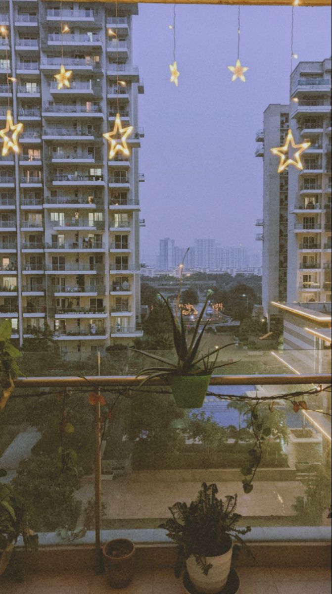 some plants are sitting on a window sill in front of the cityscape