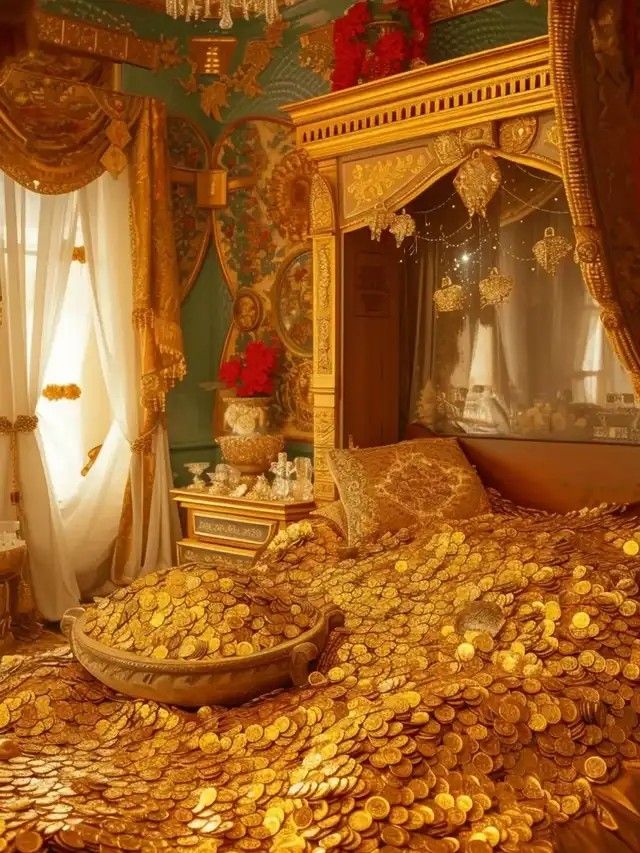 a bed covered in lots of gold coins sitting on top of a floor next to a window