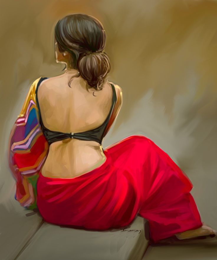 a painting of a woman in a red dress sitting on the ground with her back to the camera