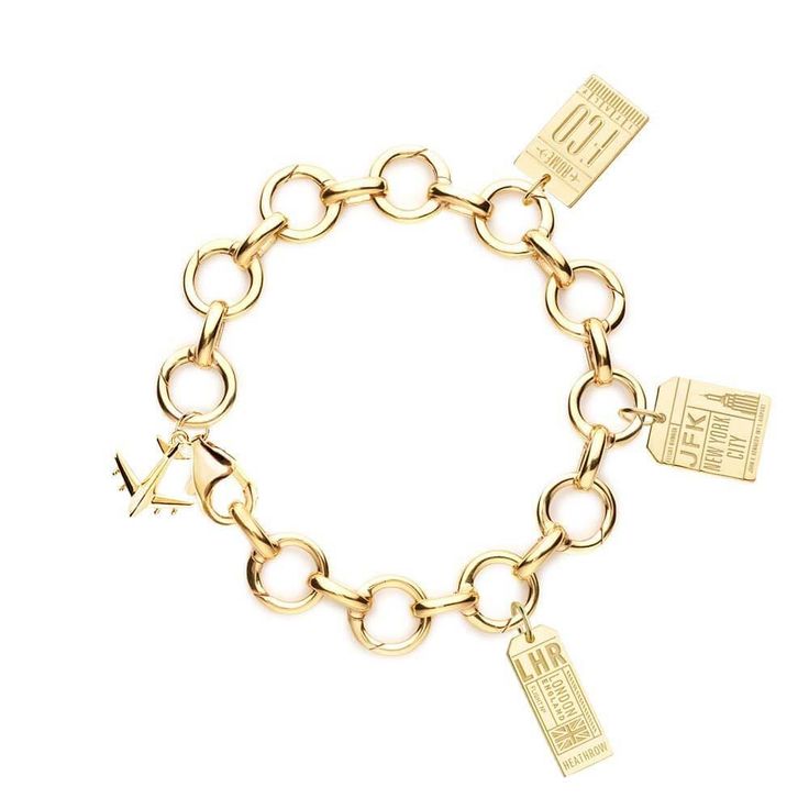 This gold vermeil bundle features our bestselling Infinity link charm bracelet. With 12 links that open easily so you can continue adding more charms, it also includes our signature mini airplane charm.VIEW ALL LOCATIONS HEREIncluded in 14k gold vermeil: Infinity link charm bracelet- approximate dimensions: 7 3 luggage Push Presents, Jfk Airport, Gold Charm Bracelet, Gold Rush, Gems Jewelry, Luggage Tag, Gold Charm, Luggage Tags, Cute Jewelry