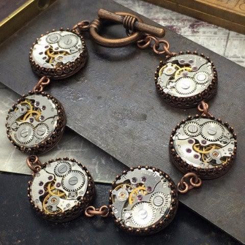 Ruth, Copper Watch Movement Bracelet #antiquejewerly #vintagewatch #Steampunkjewelry #victorianstyle #VictorianMagpie Moon Goddess Necklace, Steampunk Bracelet, Gold Pocket Watch, Station Bracelet, Industrial Jewelry, Old Watches, Repurposed Jewelry, Antique Watches, Steampunk Jewelry