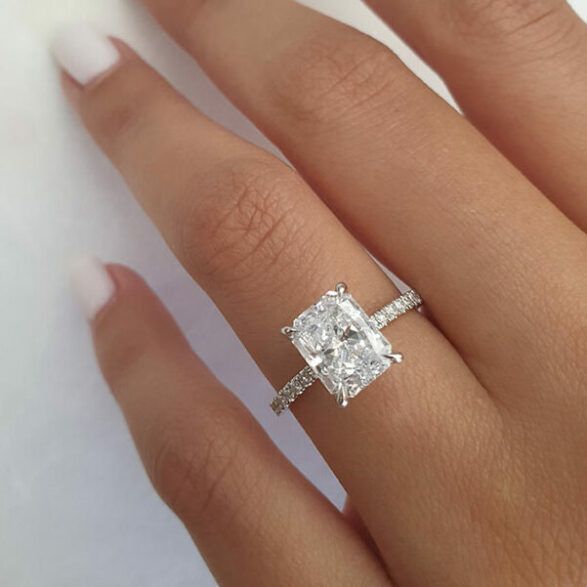 2.1 CT Radiant Hidden Halo & Pave Moissanite Engagement Ring - crownmoissanite خو�اتم خطوبة, Radiant Cut Engagement Rings, Future Engagement Rings, Moissanite Diamond Rings, Pave Engagement Ring, Radiant Cut Diamond, Dream Engagement Rings, Hidden Halo, Engagement Ring Cuts