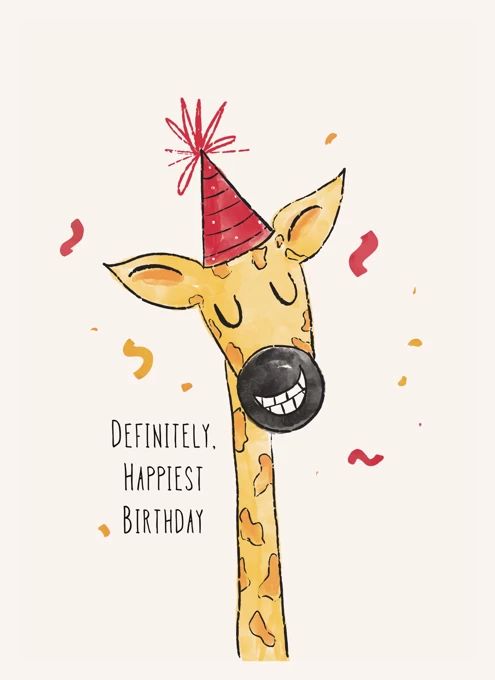 a giraffe wearing a party hat with the words definitely happiest birthday