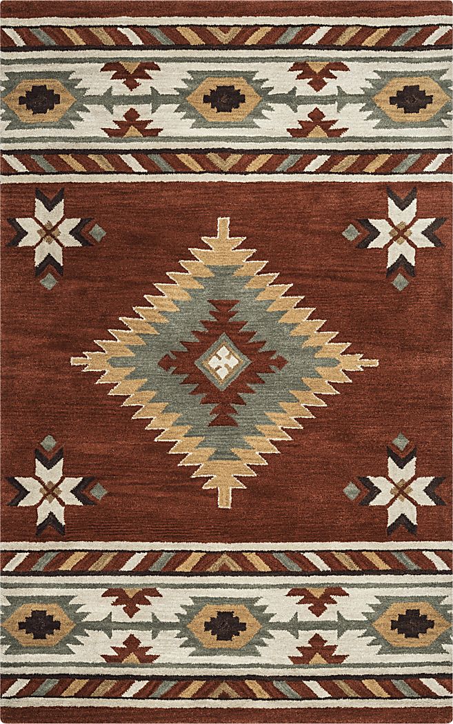 an area rug with red, green and tan colors on it's sides in the shape of a diamond