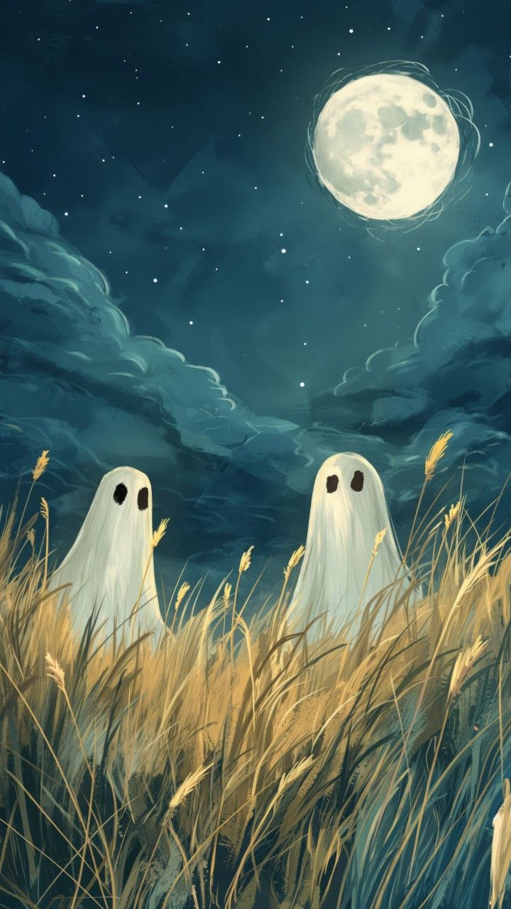 two ghost like creatures standing in tall grass under a full moon