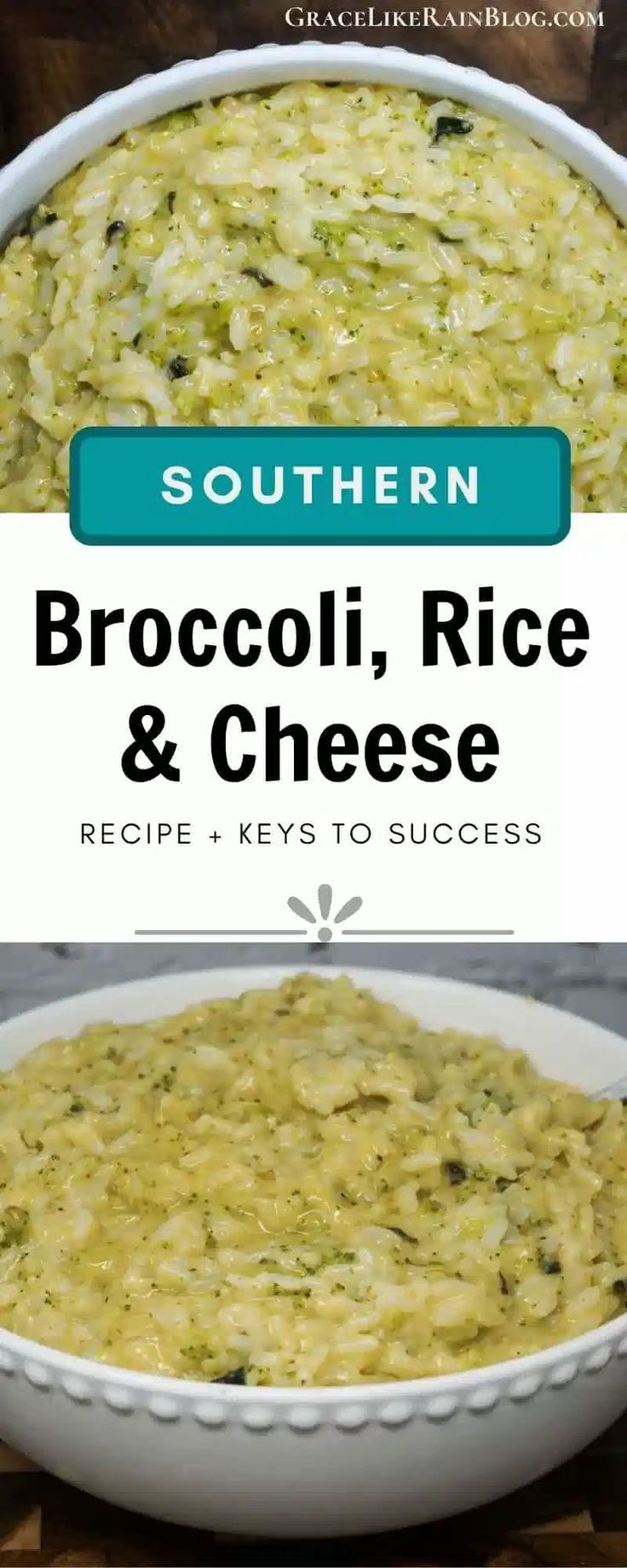 broccoli, rice and cheese recipe in a white casserole dish with text overlay