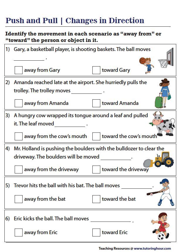 the worksheet for push and pull changes in direction, which includes instructions on how to