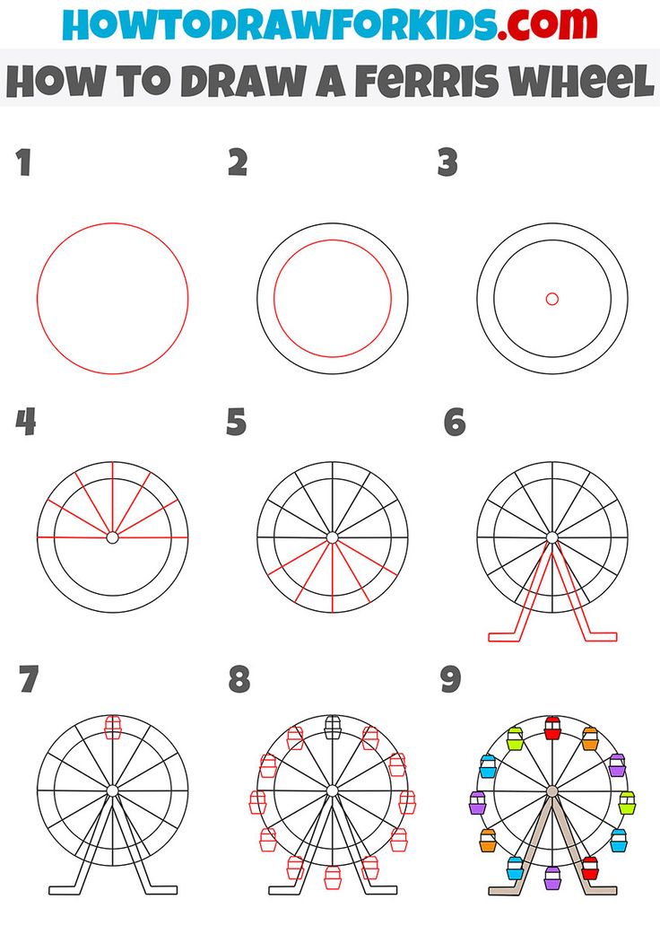 how to draw a ferris wheel for kids and beginners - step by step instructions