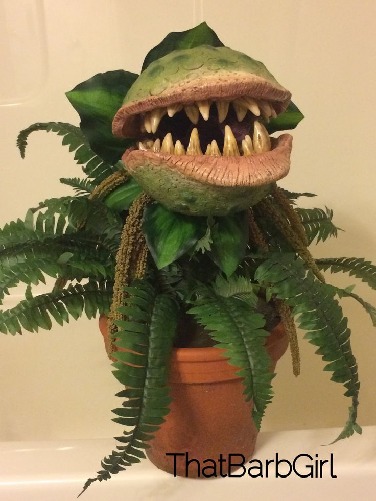 a potted plant with a fake monster's mouth and teeth on the top