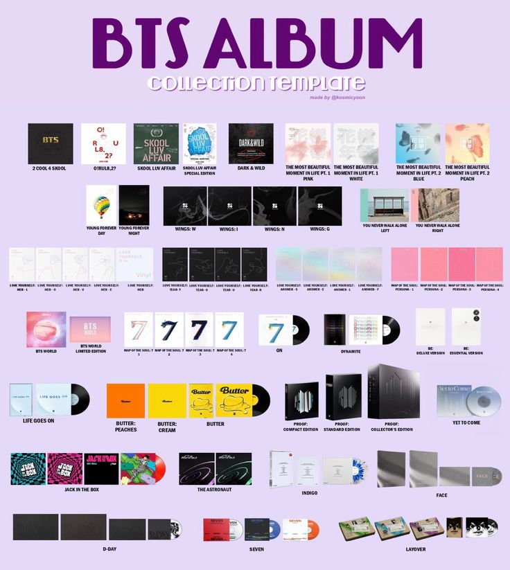 the bts album collection is shown in purple and black, with various colored images