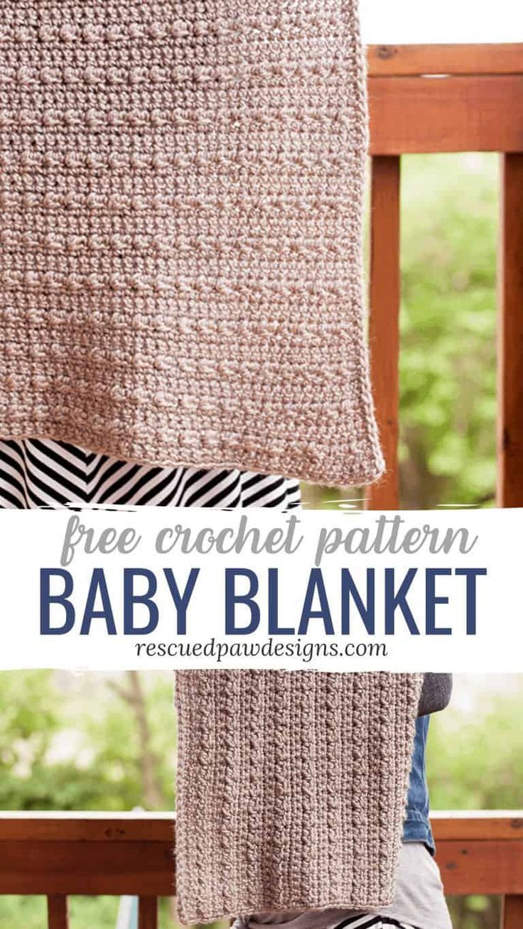 a crochet baby blanket hanging from a rail with text overlay that reads free crochet pattern