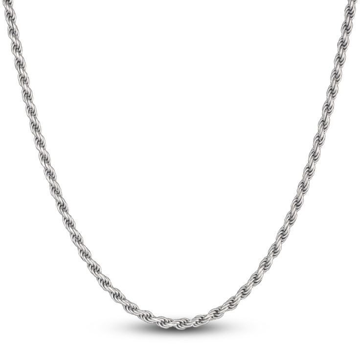 Dynamic solid rope links join handsomely in this stylish necklace. Fashioned in sterling silver, the 22-inch link chain secures in place with a lobster clasp and the links are approximately 4mm wide. Classic Rope Chain Necklace, Classic Link Chain Necklace With Rope Detail, Classic Oval Link Rope Chain Necklace, Classic Rope Chain Necklace With Oval Link, Sterling Silver Link Necklace With Rope Chain, Classic Link-style Rope Chain Necklace, Classic Rope Chain Link Necklace, Classic Rope Chain Necklace With Wheat Link, Classic Necklaces With Oval Link Rope Chain