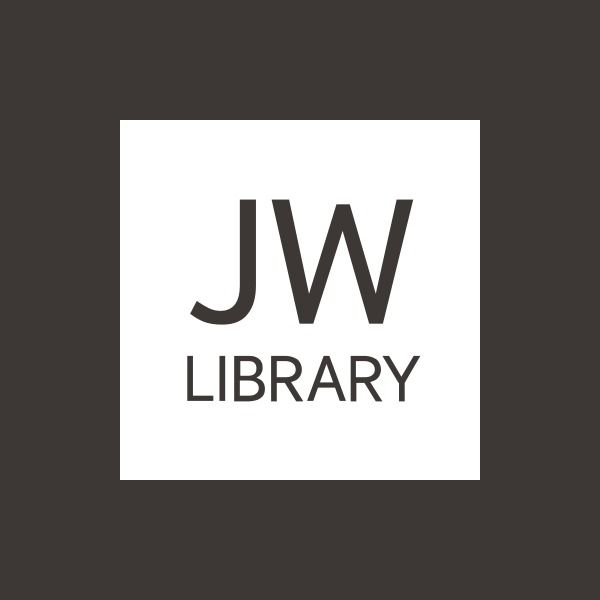 the jw library logo is shown in black and white on a dark background,