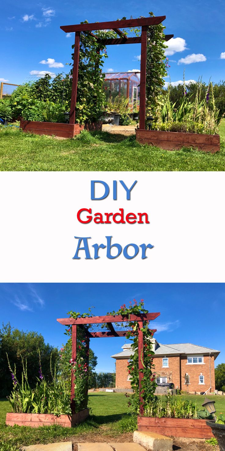 two different pictures with the words diy garden arbor in red, white and blue