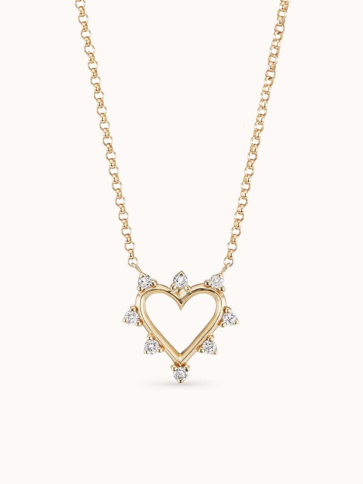 This intricate necklace serves as a daily reminder to approach life with an open heart! The Mini Heart is hand-cast from 14-karat gold and spiked with a border of white diamonds, providing extra strength to its carrier. A wonderful gift for yourself or a loved one, whether to mark an occasion or just because. 14K Yellow Gold White DiamondsPendant Length: 0.5 " / 1.3cm  *Made, with love, in Manhattan. Open Heart Necklace, 14k Yellow Gold Necklace, Yellow Gold Necklace, Spring Makeup, Cap Fashion, Funky Jewelry, And Just Like That, Mini Heart, Open Heart