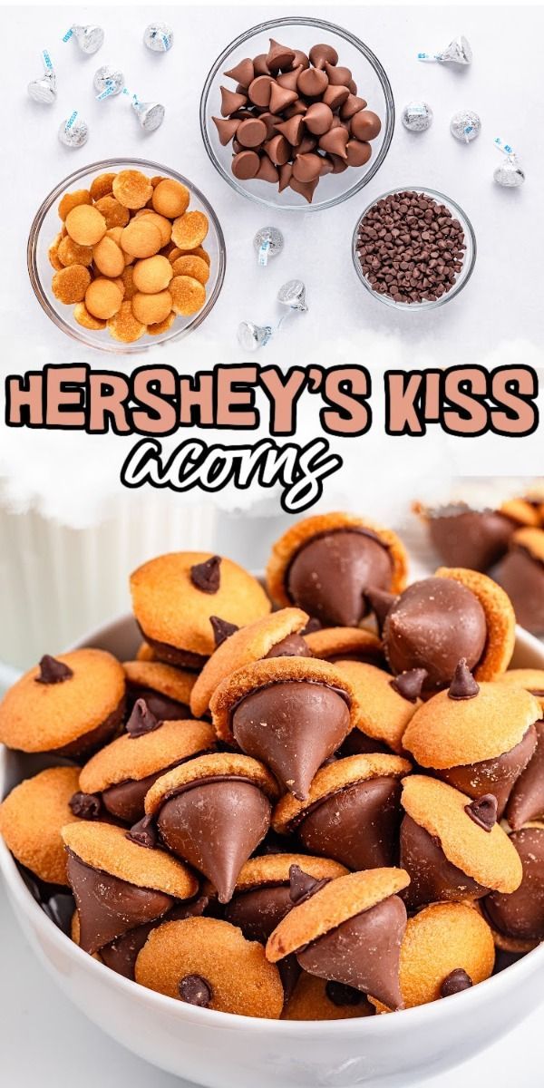 hershey's kiss cookies in a white bowl with chocolate chips and other desserts