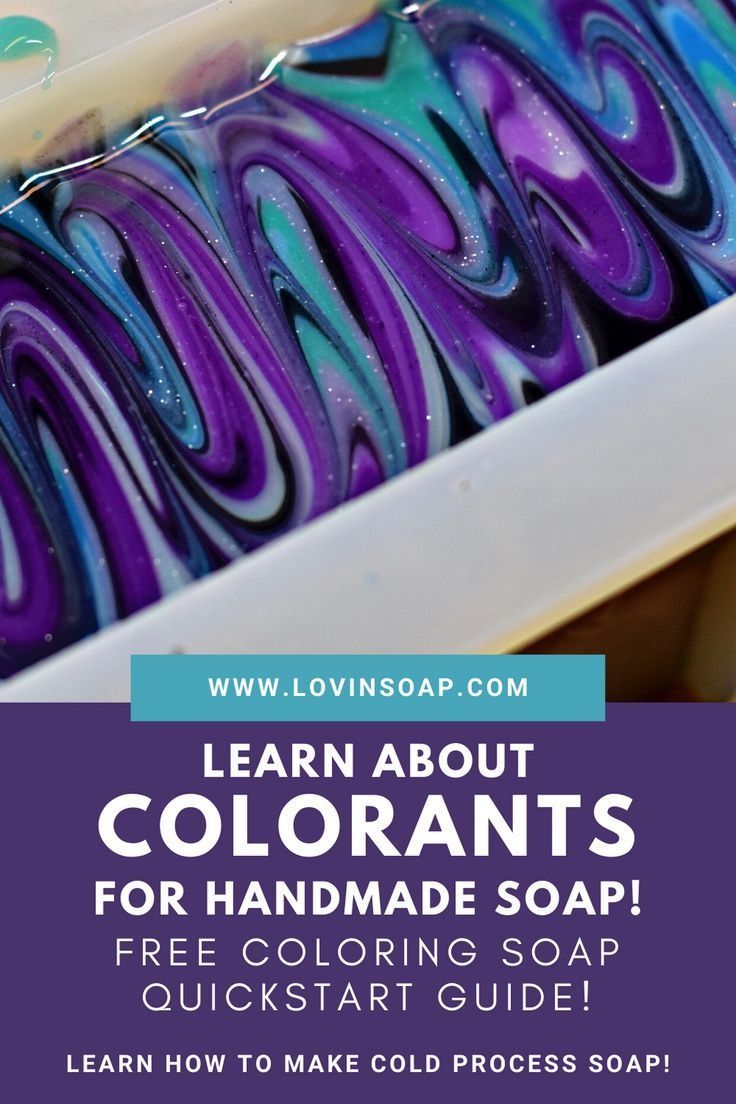 a box filled with purple and blue swirled soap next to the words learn about colors for handmade soap