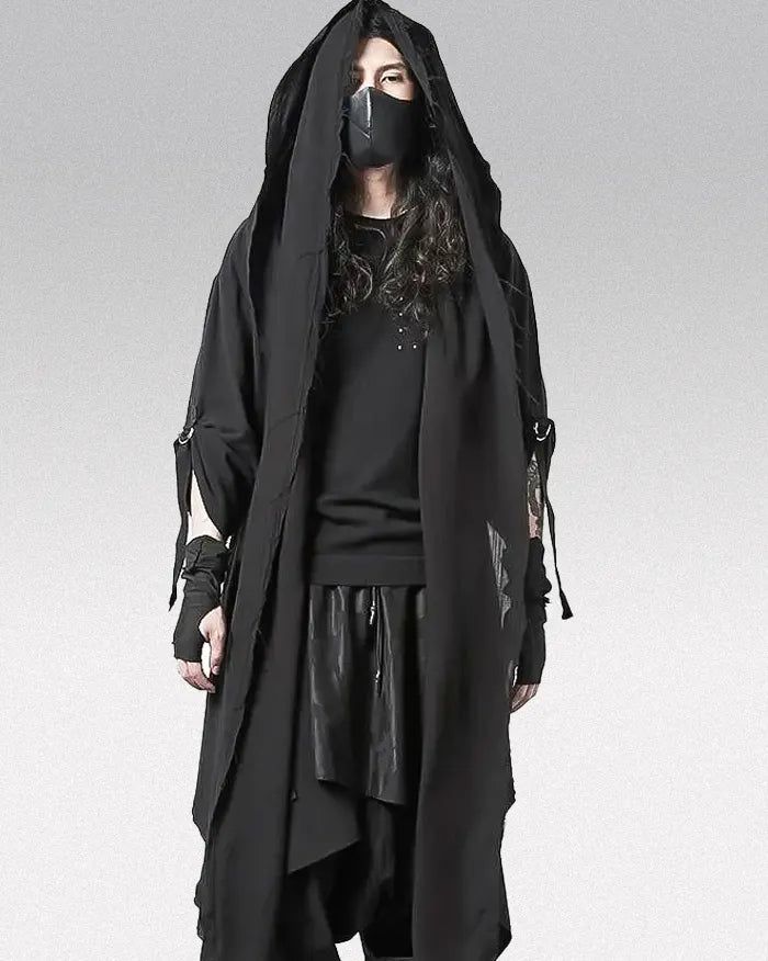 * Darkwear Cloak "Sennan" is in Asian size:  Take one size bigger than your usual size.   Darkwear Cloak "Sennan": Embrace the Shadows Step into the enigmatic world of darkwear with the Darkwear Cloak "Sennan" . This garment is the epitome of mystical allure  combined with functional urban fashion. Designed for those who dare to stand out, the Sennan cloak is both a protective layer and a bold fashion statement.  Size Guide (cm) Asian size Shoulder (cm) Bust (cm) Front end length (cm) Rear lengt Techwear Hooded Jacket With Double-lined Hood, Techwear Cloak, Luxury Techwear Outerwear With Double-lined Hood, Cotton Techwear With Double-lined Hood, Urban Techwear, Cotton Techwear Hoodie With Double-lined Hood, Cyberpunk Helmet, Techwear Outfits, Front End