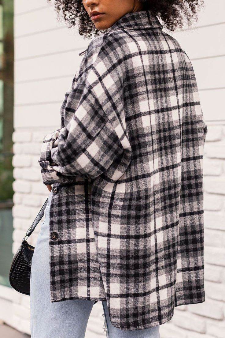 Back to school style is back! Layer your Black and White Plaid Shacket over any basics & pair w/ distressed denim for a first day outfit. #letsbepriceless #streetstyle #ootd #womensfashion #womensoutfit #outfitideas #stylinginspo #casualoutfit #datenight #fashion #dreamcloset #chicoutfits #affordablestyle #teenoutfits #simpleoutfits #casualfashion #softgirlaesthetic #trendyoutfits #90sfashion #aestheticoutfits #BacktoSchool #FallOutfit #CollegeFashion #fallfashion #schoolfashion #fallstyle Oversized Plaid Flannel Shirt With Pockets, Oversized Black Flannel Shirt For Fall, Casual Black Flannel Outerwear, Oversized Plaid Outerwear, Oversized Black Shacket For Winter, Black Flannel Button-up Outerwear, Oversized Flannel Tops For Fall, Oversized Flannel Shirt For Everyday Fall Wear, Oversized Fall Flannel Shirt For Everyday