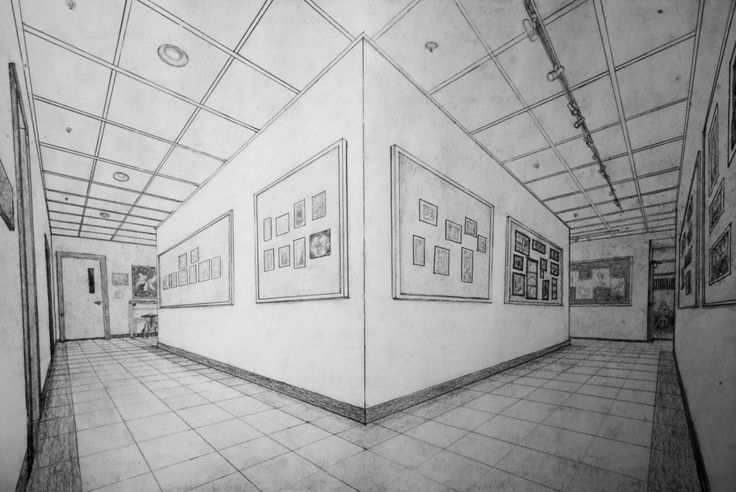 a pencil drawing of an empty room with pictures on the wall and tiled flooring