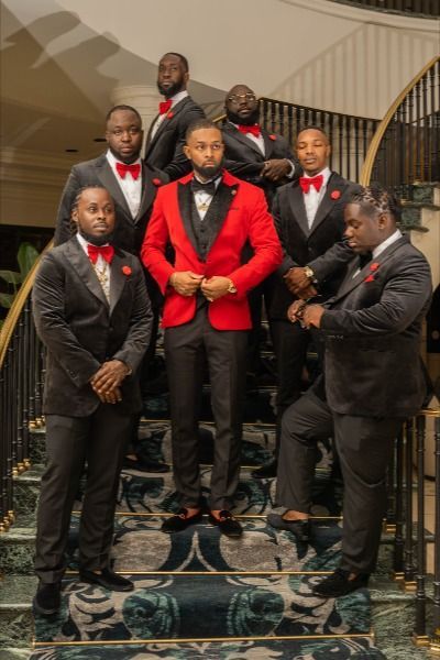 groomsmen colors | Grooms men attire | Groomsman suits | Groomsmen looks | Groomsmen outfit ideas | Groom and groomsmen photos | Groom luxury suit | Luxury suits for men | Men's tuxedo wedding | Black tuxedo wedding Black And Red Wedding Groomsmen, Bridesmaid Dresses Red And Black, Black Tux Red Tie Wedding, Red Wedding Party Color Schemes, Wedding Ideas Groomsmen Attire, Red Black And Gold Wedding Bridesmaid Dresses, Black Red And Silver Wedding Theme, Red Black And White Bridesmaid Dresses, Red And White Groomsmen Attire