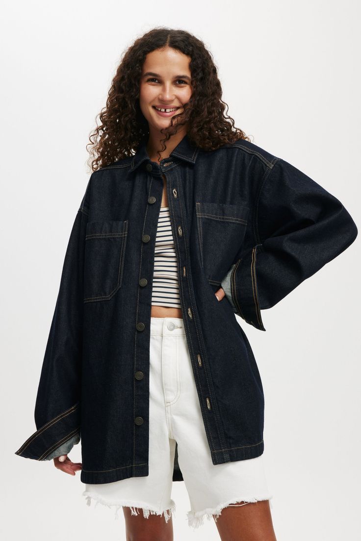 OVERSIZED DENIM SHIRT Oversized Denim Button-up Tops, Oversized Dark Wash Top With Button Closure, Oversized Denim Blue Tops With Button Closure, Oversized Dark Wash Tops With Button Closure, Dark Wash Oversized Denim Top, Oversized Dark Wash Long Sleeve Tops, Oversized Dark Wash Denim Top, Oversized Dark Wash Tops For Spring, Dark Wash Relaxed Fit Denim Top