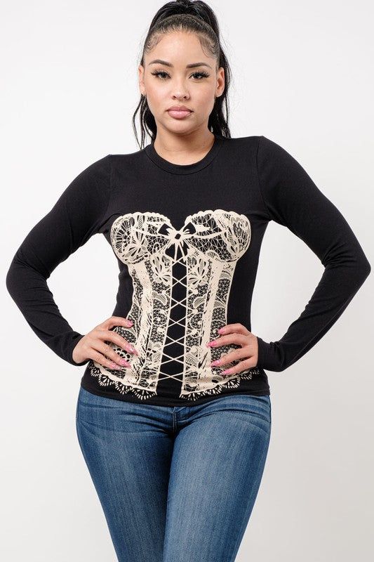 COZY CORSET PRINTED TOP Wäre Rare Fitted Long Sleeve Corset, Black Corset For Fall Night Out, Black Corset For Night Out In Fall, Cotton Tops For Fall Party, Fall Party Cotton Tops, Spring Underbust Top For Night Out, Underbust Tops For Night Out In Spring, Underbust Tops For Spring Night Out, Stretch Underbust Top For Night Out