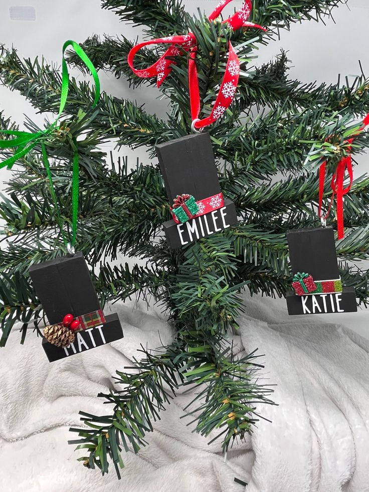 a small christmas tree with name tags attached to it