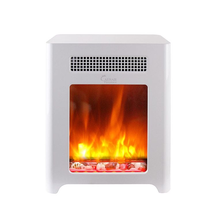 a white electric fireplace with flames on the front and back sides, in an isolated position