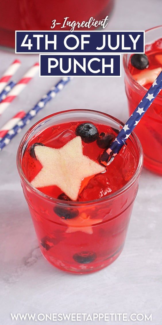 red, white and blue punch in glasses with strawberries on the rim text reads 4th of july punch